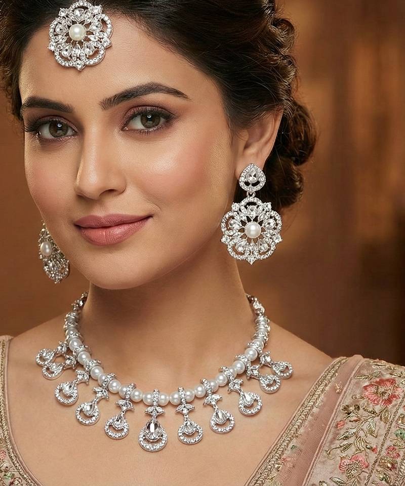 White rhodium premium designer american diamond and stone work necklace set