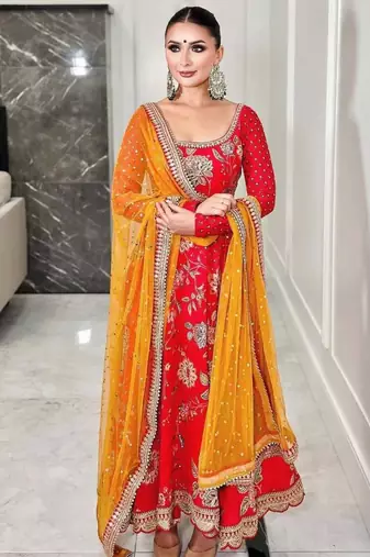 Orange georgette embroidered anarkali set
