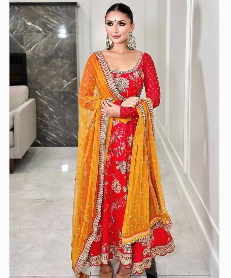 Orange georgette embroidered anarkali set