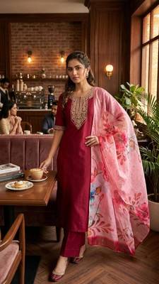 Maroon silk thread embroidery kurta set 1