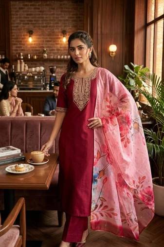 Maroon silk thread embroidery kurta set