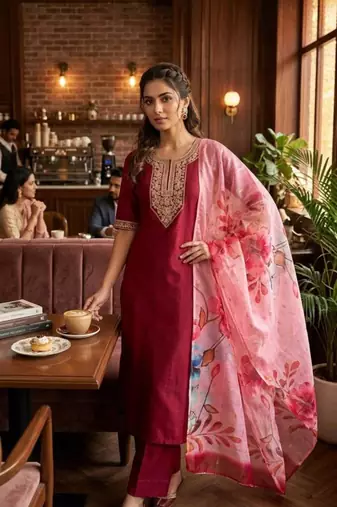Maroon silk thread embroidery kurta set