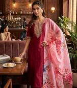 Maroon silk thread embroidery kurta set