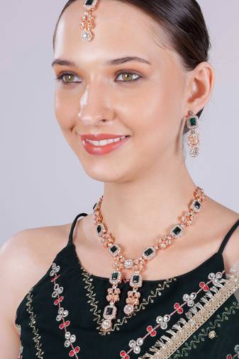 Green rose gold premium designer american diamond and stone work necklace set