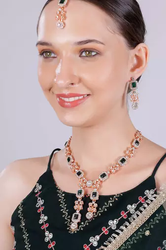 Green rose gold premium designer american diamond and stone work necklace set