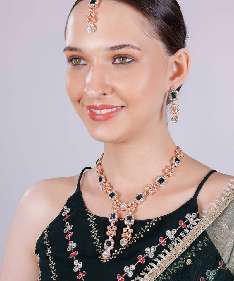 Green rose gold premium designer american diamond and stone work necklace set