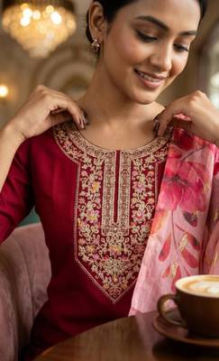 Maroon silk thread embroidery kurta set 2