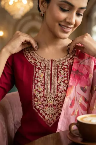 Maroon silk thread embroidery kurta set