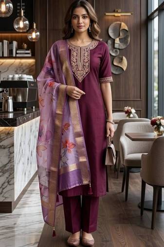 Wine silk thread embroidery kurta set
