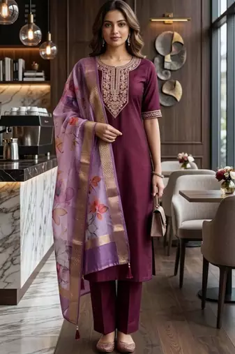 Wine silk thread embroidery kurta set