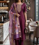 Wine silk thread embroidery kurta set