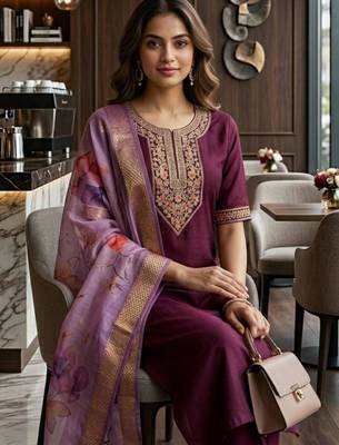 Wine silk thread embroidery kurta set 2