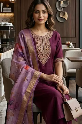 Wine silk thread embroidery kurta set