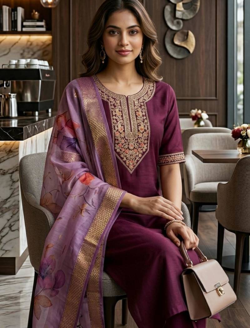 Wine silk thread embroidery kurta set