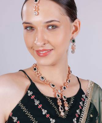 Green rose gold premium designer american diamond and stone work necklace set 2
