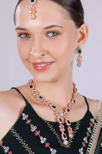 Green rose gold premium designer american diamond and stone work necklace set