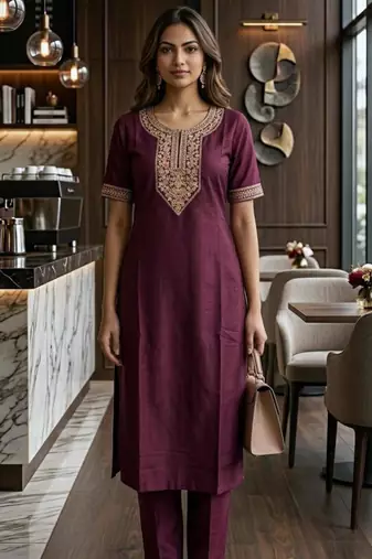 Wine silk thread embroidery kurta set