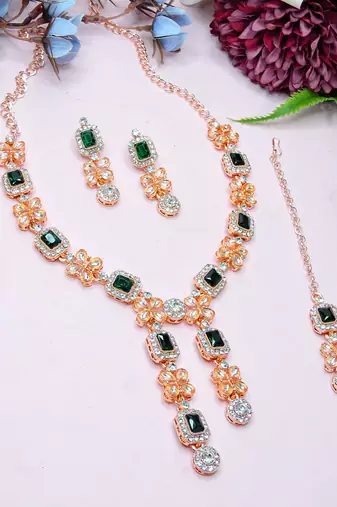 Green rose gold premium designer american diamond and stone work necklace set