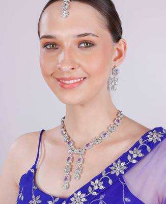 Purple rhodium premium designer american diamond and stone work necklace set 1