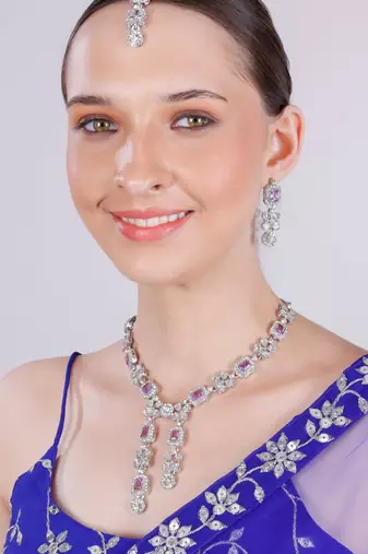 Purple rhodium premium designer american diamond and stone work necklace set