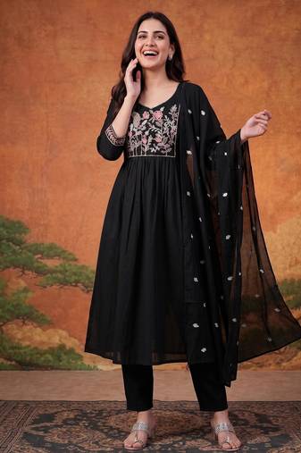 Black cotton poly embroidered kurta set