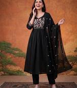 Black cotton poly embroidered kurta set