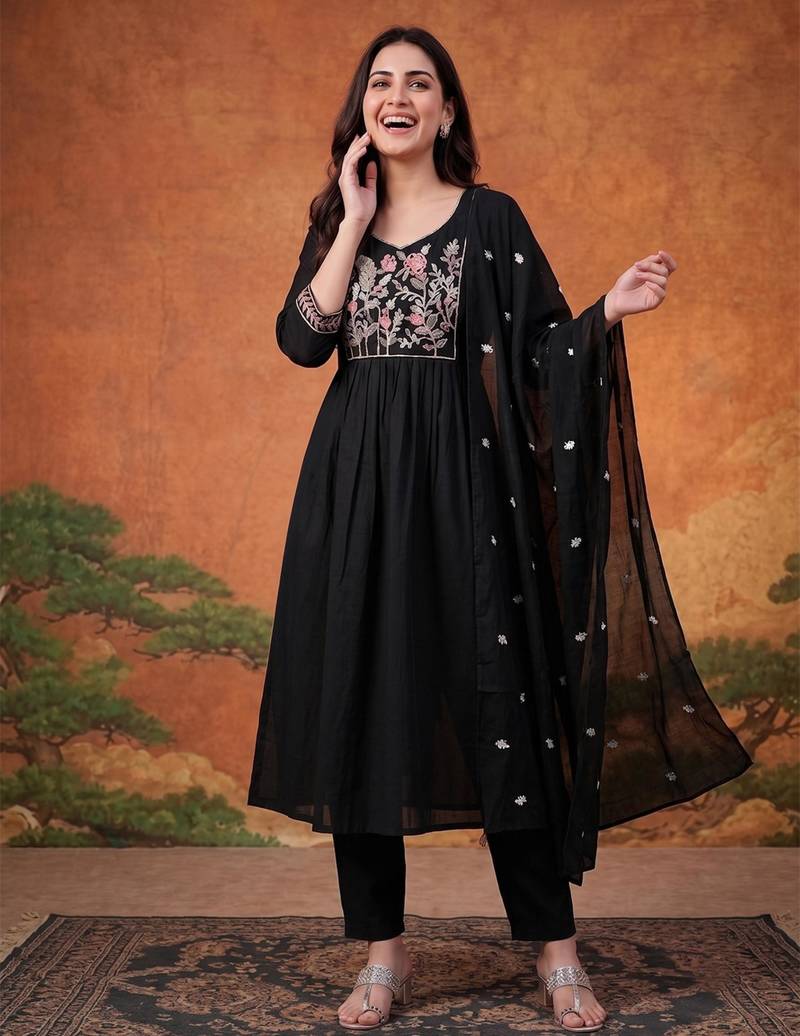 Black cotton poly embroidered kurta set