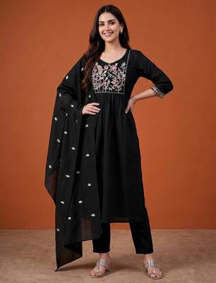 Black cotton poly embroidered kurta set 2