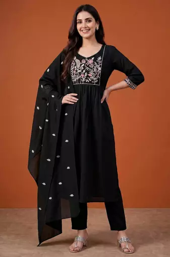Black cotton poly embroidered kurta set