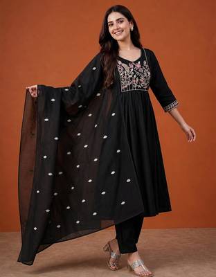 Black cotton poly embroidered kurta set 3