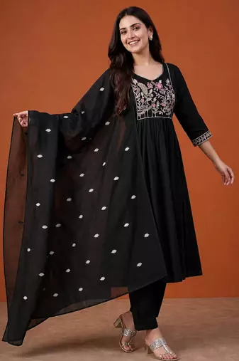 Black cotton poly embroidered kurta set