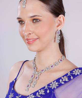 Purple rhodium premium designer american diamond and stone work necklace set 2