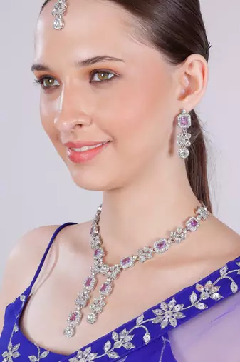 Purple rhodium premium designer american diamond and stone work necklace set