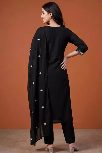 Black cotton poly embroidered kurta set