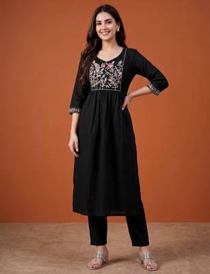 Black cotton poly embroidered kurta set 5