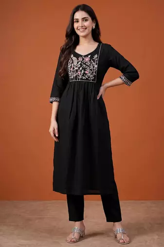 Black cotton poly embroidered kurta set