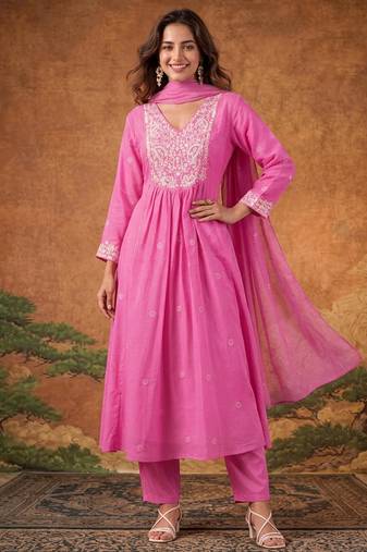 Pink cotton poly embroidered kurta set