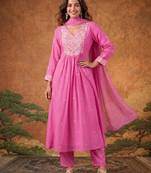 Pink cotton poly embroidered kurta set