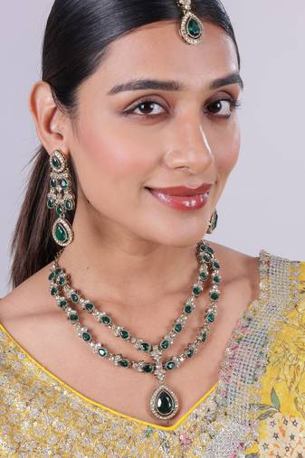 Green yellow gold premium designer american diamond and stone work necklace set