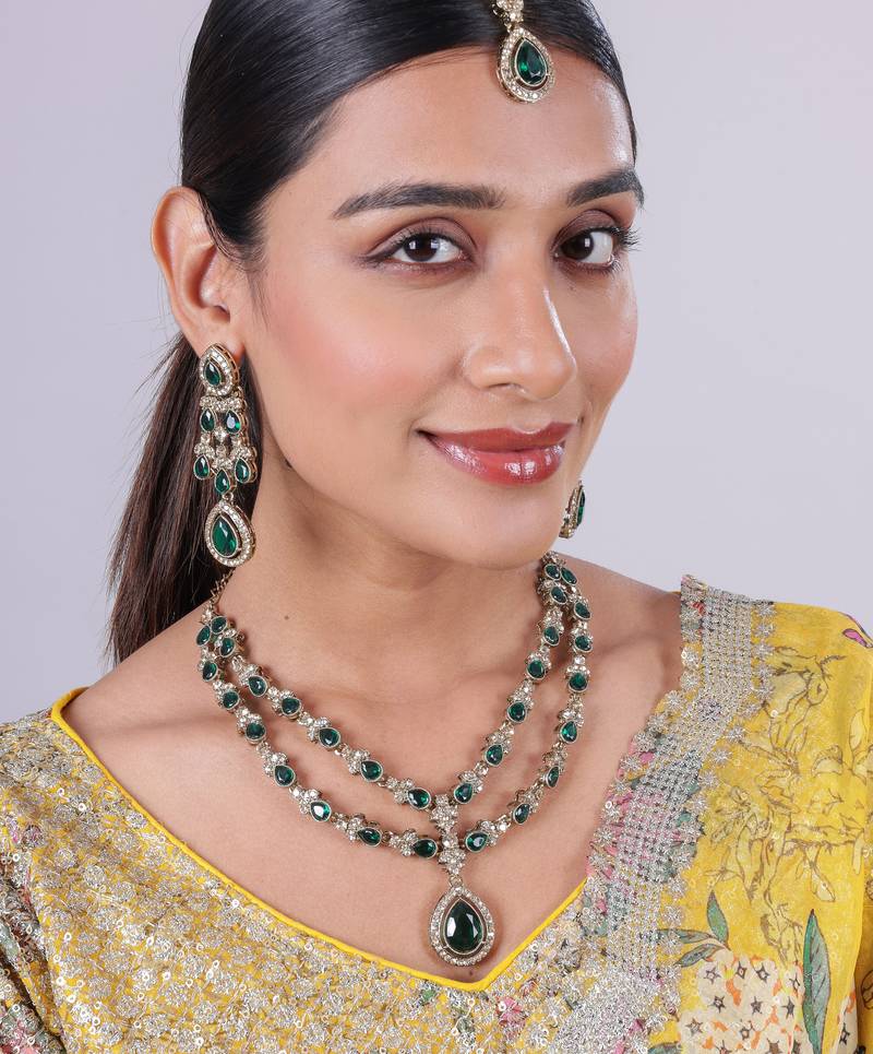 Green yellow gold premium designer american diamond and stone work necklace set