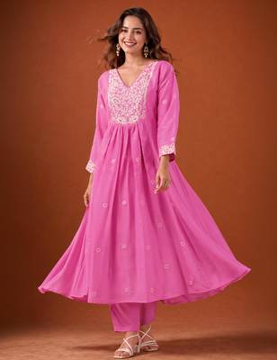 Pink cotton poly embroidered kurta set 2