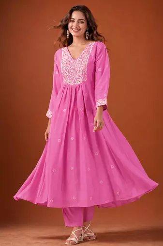 Pink cotton poly embroidered kurta set