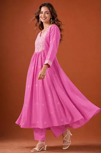 Pink cotton poly embroidered kurta set