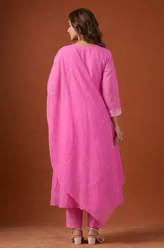 Pink cotton poly embroidered kurta set