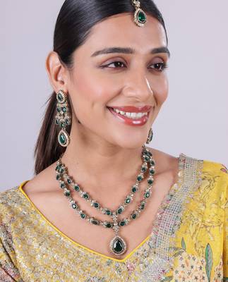 Green yellow gold premium designer american diamond and stone work necklace set 2