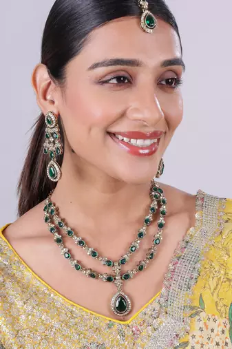 Green yellow gold premium designer american diamond and stone work necklace set