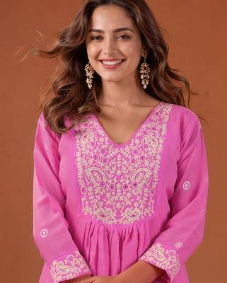 Pink cotton poly embroidered kurta set 5
