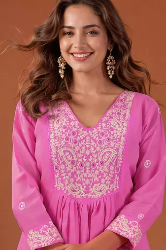 Pink cotton poly embroidered kurta set