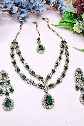 Green yellow gold premium designer american diamond and stone work necklace set