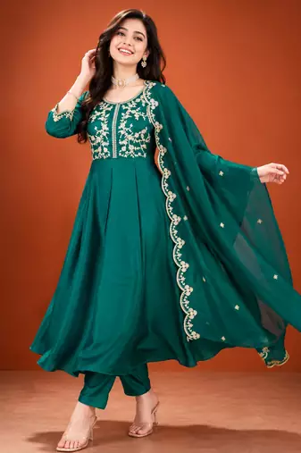 Teal-green silk blend embroidered kurta set